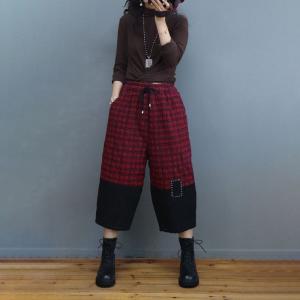 Cotton Quilted Cropped Pants Drawstring Waist Winter Tartan Trousers