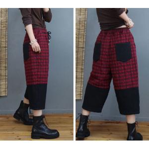 Cotton Quilted Cropped Pants Drawstring Waist Winter Tartan Trousers