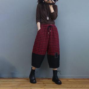 Cotton Quilted Cropped Pants Drawstring Waist Winter Tartan Trousers