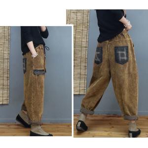 Fleeced Lining Corduroy Carrot Pants Contrast Colored Baggy Trousers