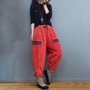 Fleeced Lining Corduroy Carrot Pants Contrast Colored Baggy Trousers