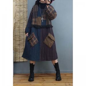 Winter Fashion Quilted Loose Dress Cotton Linen Tartan Dress