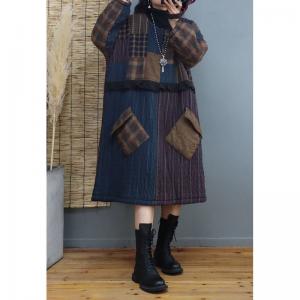 Winter Fashion Quilted Loose Dress Cotton Linen Tartan Dress