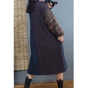 Winter Fashion Quilted Loose Dress Cotton Linen Tartan Dress