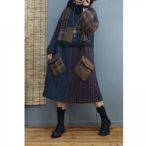 Winter Fashion Quilted Loose Dress Cotton Linen Tartan Dress