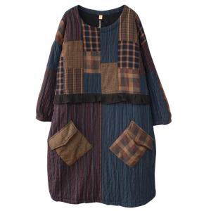 Winter Fashion Quilted Loose Dress Cotton Linen Tartan Dress