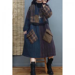 Winter Fashion Quilted Loose Dress Cotton Linen Tartan Dress