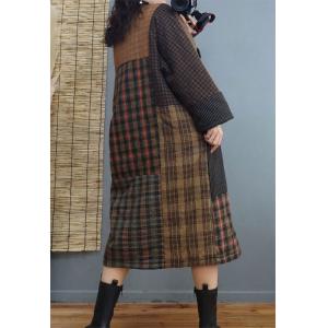 Classic Checkers Winter Dress Cotton Linen Quilted Midi Dress