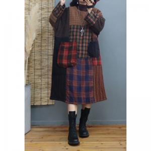 Scotland Style Quilted Tartan Dress Plus Size Linen Gingham Dress