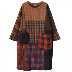 Scotland Style Quilted Tartan Dress Plus Size Linen Gingham Dress