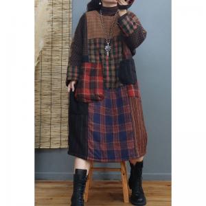 Scotland Style Quilted Tartan Dress Plus Size Linen Gingham Dress