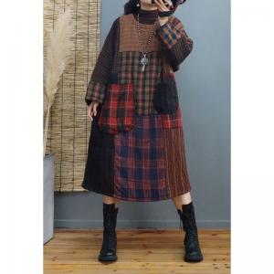 Scotland Style Quilted Tartan Dress Plus Size Linen Gingham Dress