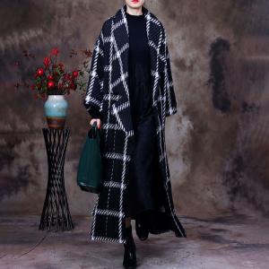 Big Checkers Woolen Black Overcoat Wide Lapel Belted Wrap Coat
