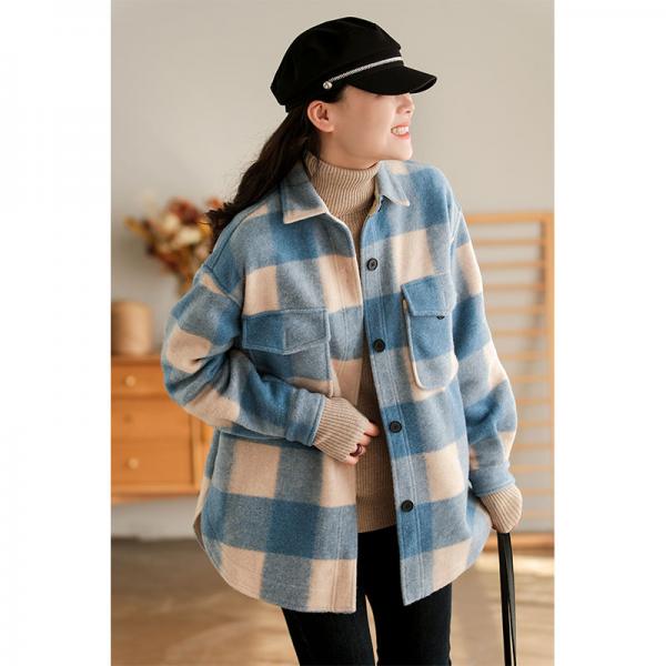 Pastel Colors Checker Tweed Jacket Puff Sleeves Plaid Shacket