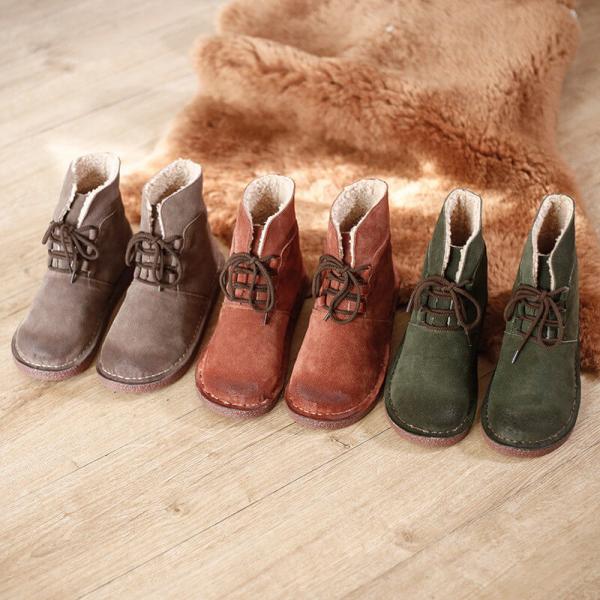 British Style Wool Snow Boots Lace Up Leather Booties
