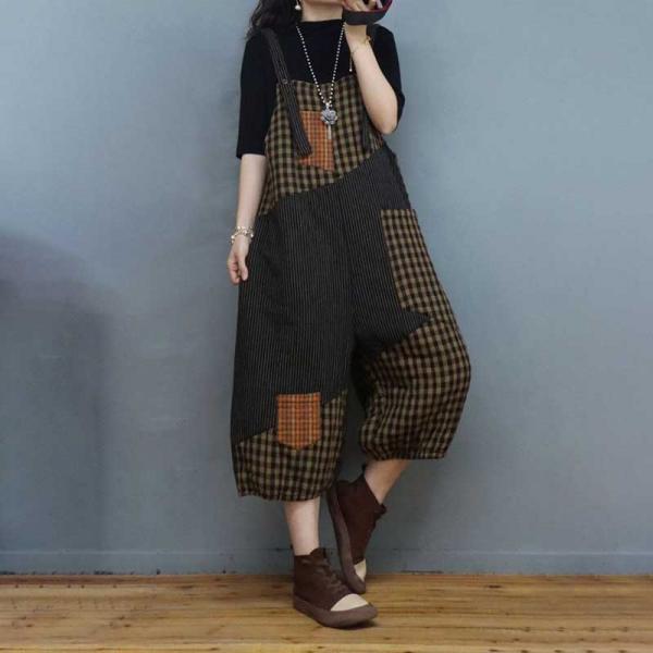 Cotton Linen Quilted Overalls Balloon Legs Tartan Overalls