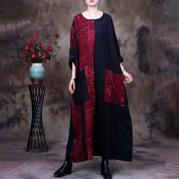 Red and Black Plus Size Caftan Cotton Linen Vintage Moroccan Dress