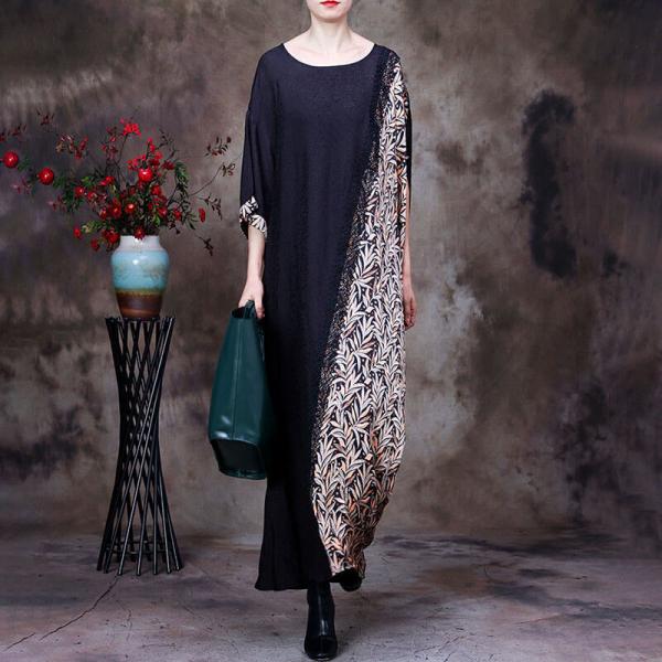 Leaf Printed Silky Flouncing Dress Large Black Modest Dress