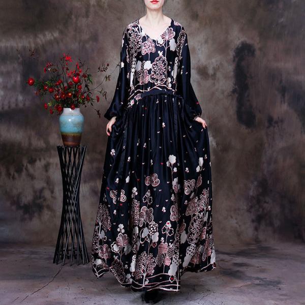 V-Neck Printed Loose Flare Dress Silky Elegant Maxi Dress