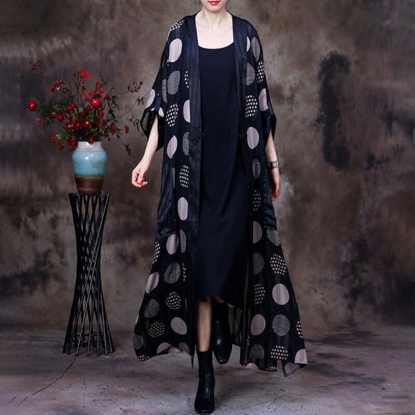 Chinese Buttons Polka Dot Cardigan Loose Silky Black Overcoat