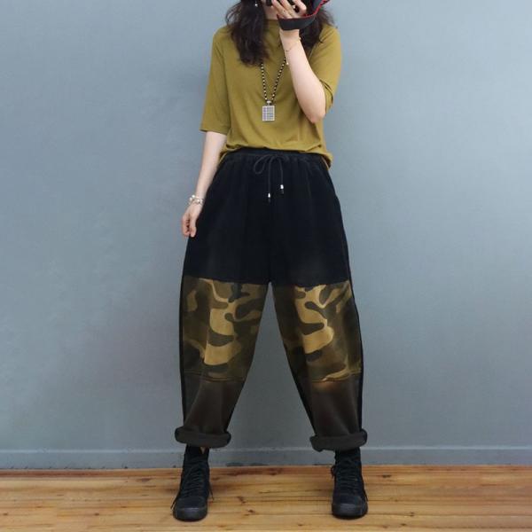 Contrast Color Fleeced Camo Pants Relax-Fit Corduroy Pants