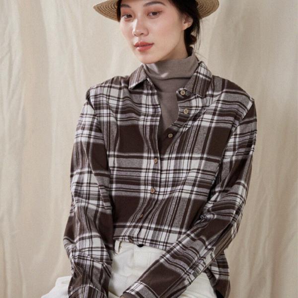 Cotton Brushed Checkered Shirt Oversized Casual Gingham Blouse