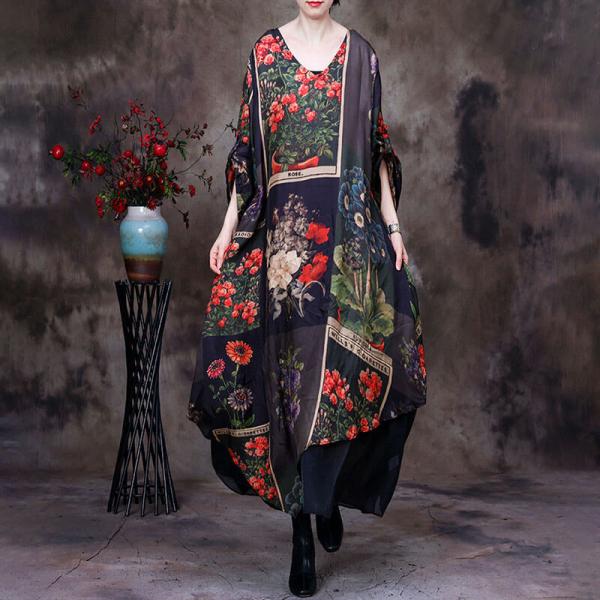 Rose Prints V-Neck Spring Dress Silky Plus Size Caftan