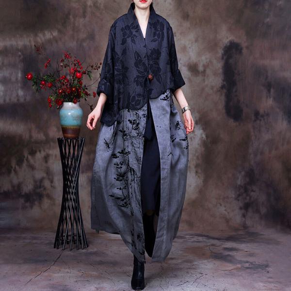 Black and Gray Cocoon Cardigan Jacquard Chinese Flax Clothing