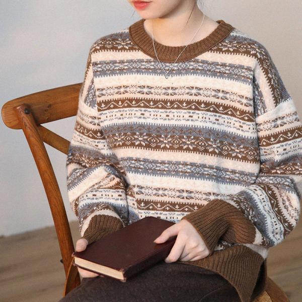 Folk Patterns Crew Neck Sweater Wool Blend Oversized Jumper
