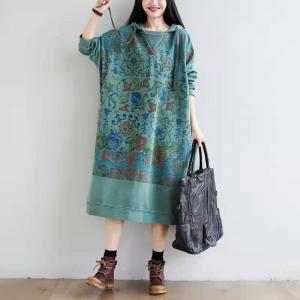 Large Size Ethnic Hoodie Dress Cotton Vintage Dress