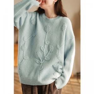 Flowers Applique Oversized Sweater Alpaca Blend Knit Pullover