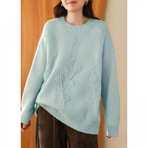 Flowers Applique Oversized Sweater Alpaca Blend Knit Pullover