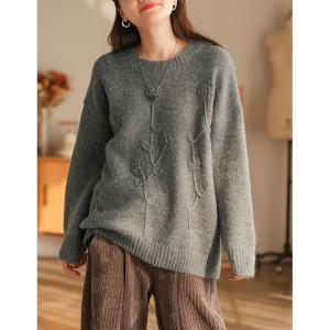 Flowers Applique Oversized Sweater Alpaca Blend Knit Pullover