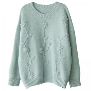 Flowers Applique Oversized Sweater Alpaca Blend Knit Pullover