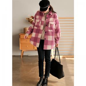 Pastel Colors Checker Tweed Jacket Puff Sleeves Plaid Shacket