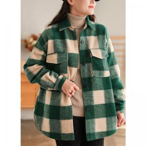 Pastel Colors Checker Tweed Jacket Puff Sleeves Plaid Shacket