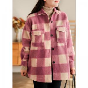 Pastel Colors Checker Tweed Jacket Puff Sleeves Plaid Shacket