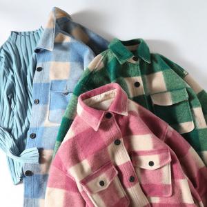 Pastel Colors Checker Tweed Jacket Puff Sleeves Plaid Shacket