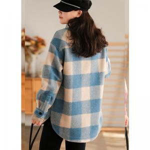 Pastel Colors Checker Tweed Jacket Puff Sleeves Plaid Shacket