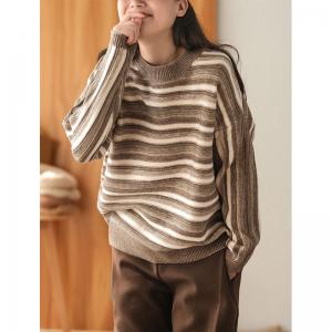 Bi-Colored Striped Sweater Long Sleeves Casual Pullover