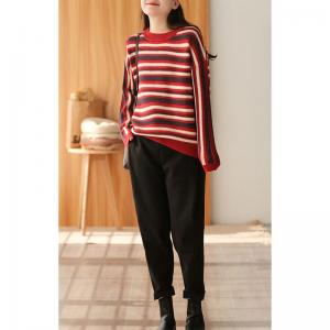 Bi-Colored Striped Sweater Long Sleeves Casual Pullover
