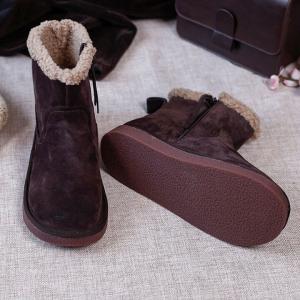 Solid Color Cowhide Snow Boots Low Heels Winter Booties