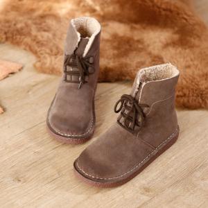 British Style Wool Snow Boots Lace Up Leather Booties