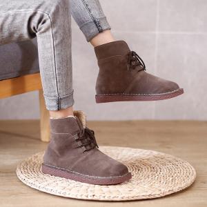 British Style Wool Snow Boots Lace Up Leather Booties