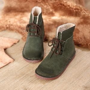 British Style Wool Snow Boots Lace Up Leather Booties