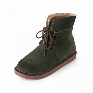 British Style Wool Snow Boots Lace Up Leather Booties