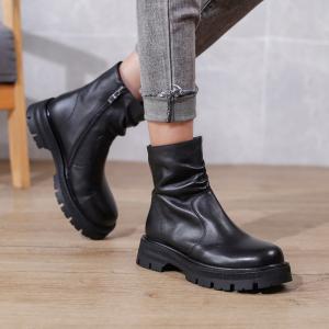 Side Zip Leather Platform Boots Chunky Heels Mid Calf Boots