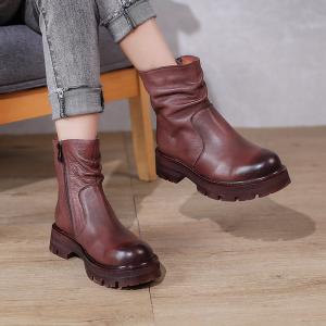 Side Zip Leather Platform Boots Chunky Heels Mid Calf Boots