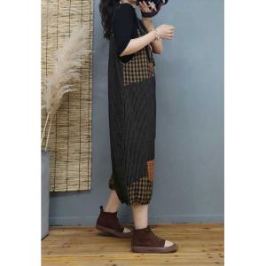 Cotton Linen Quilted Overalls Balloon Legs Tartan Overalls