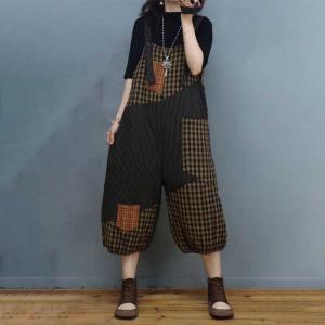 Cotton Linen Quilted Overalls Balloon Legs Tartan Overalls